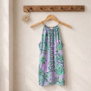 Lilly Pulitzer Halter Top Womens S Purple Green Palm Print Excellent Gold Chain